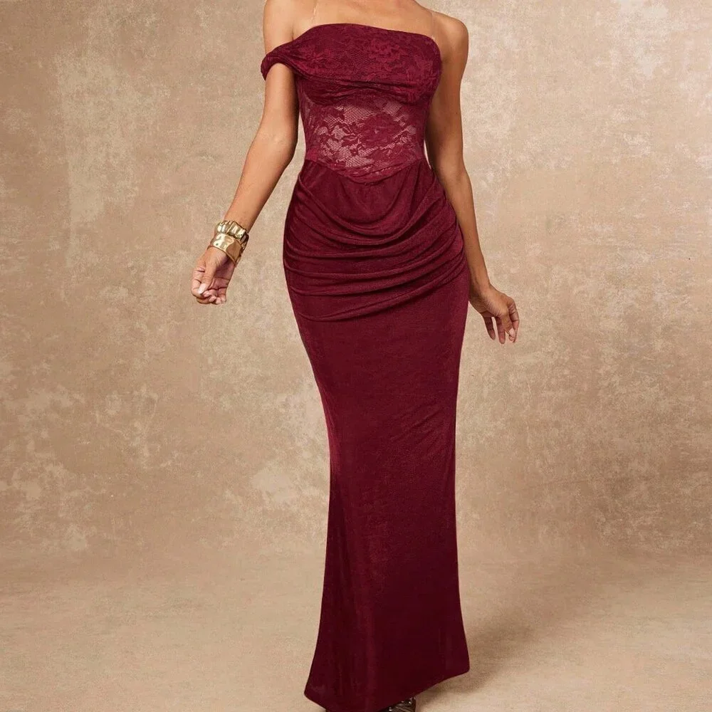 Burgundy Party Women's Lace Draped Asymmetric One Shoulder Bodycon Dress